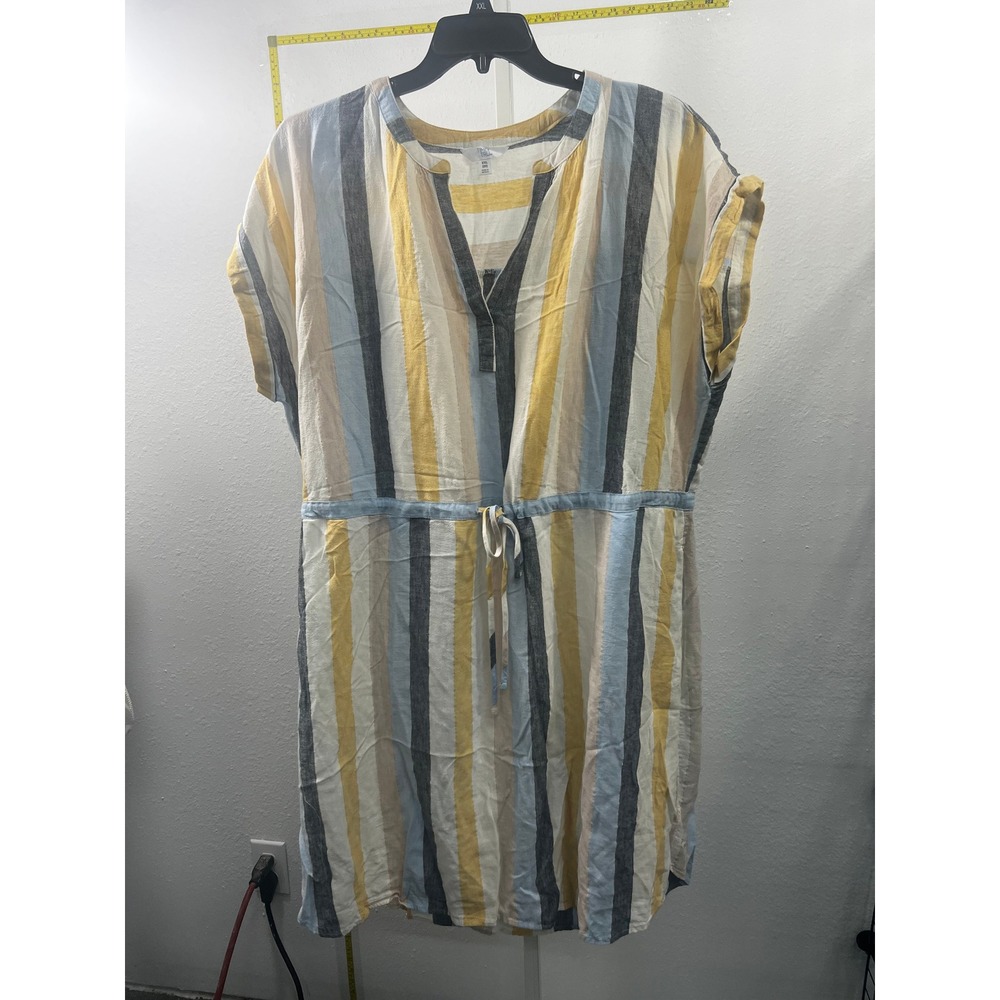 Time and Tru Women XXL20 Striped Linen Blend Drawstring Waist Shift Dress Yellow